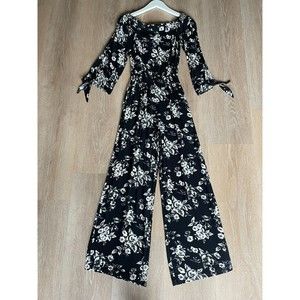 MIMI CHICA Black and White Floral Off-The-Shoulder Jumpsuit, Size XS